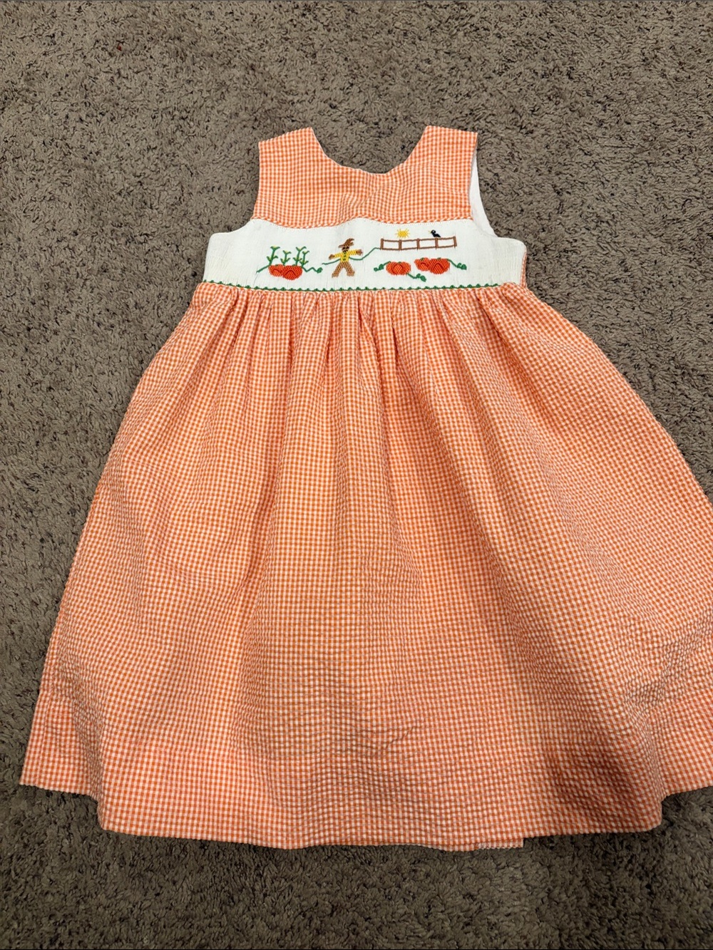 Orange Gingham Smocked Sundress with Pumpkin Embroidery